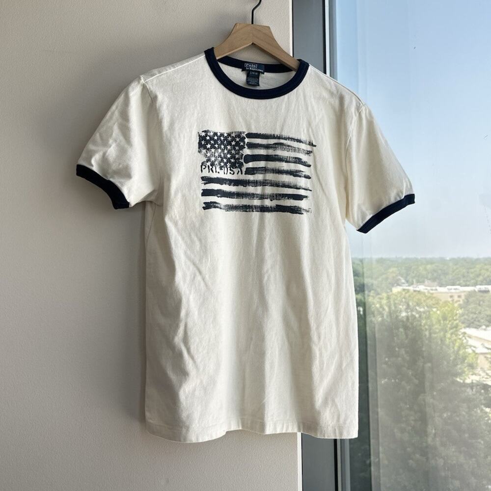 Vintage Polo Ralph Lauren Boys L 14-16 White Blue Ringer Crew Flag Graphic Tee